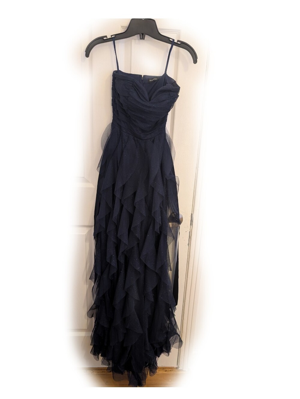 Le Château Sparkle Mesh Corkscrew Tulle Gown in navy Blue